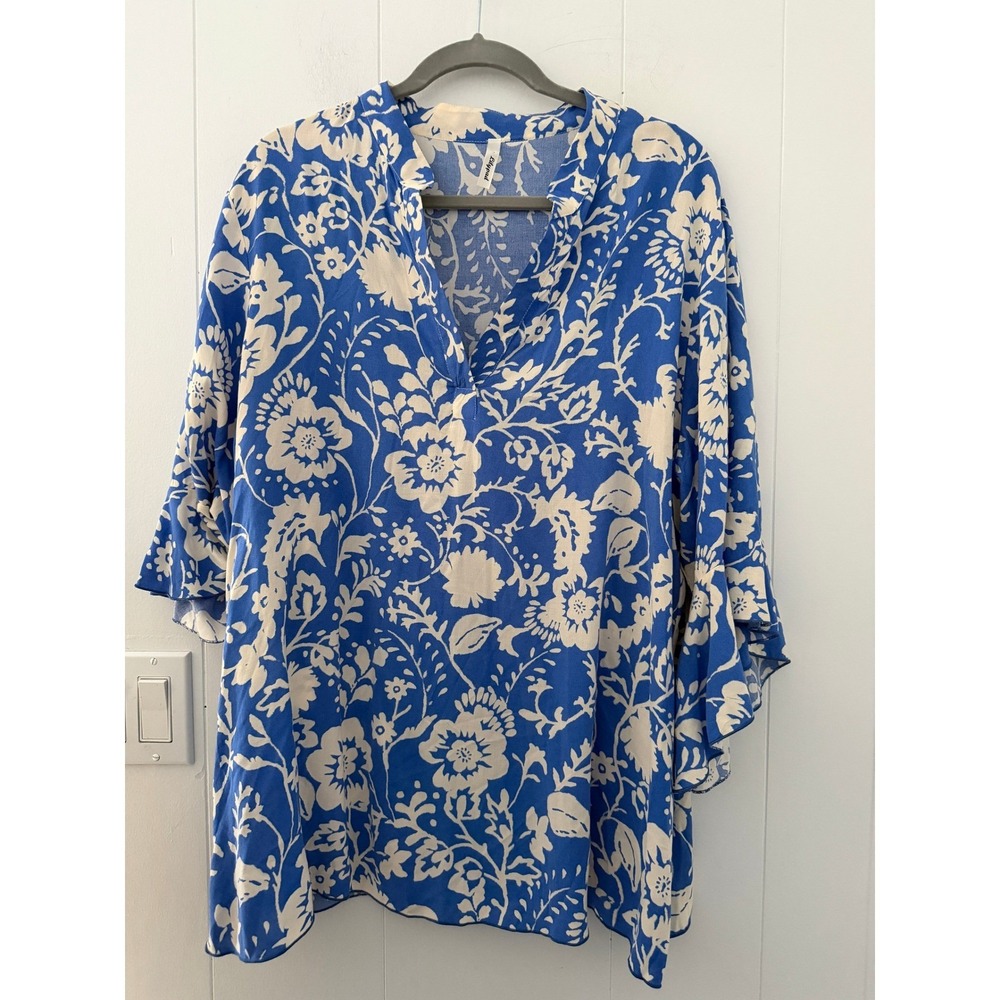 Lilypad Floral Tunic Top Womens 3X Blue White Bell Sleeve Rayon Blouse T0498-FL